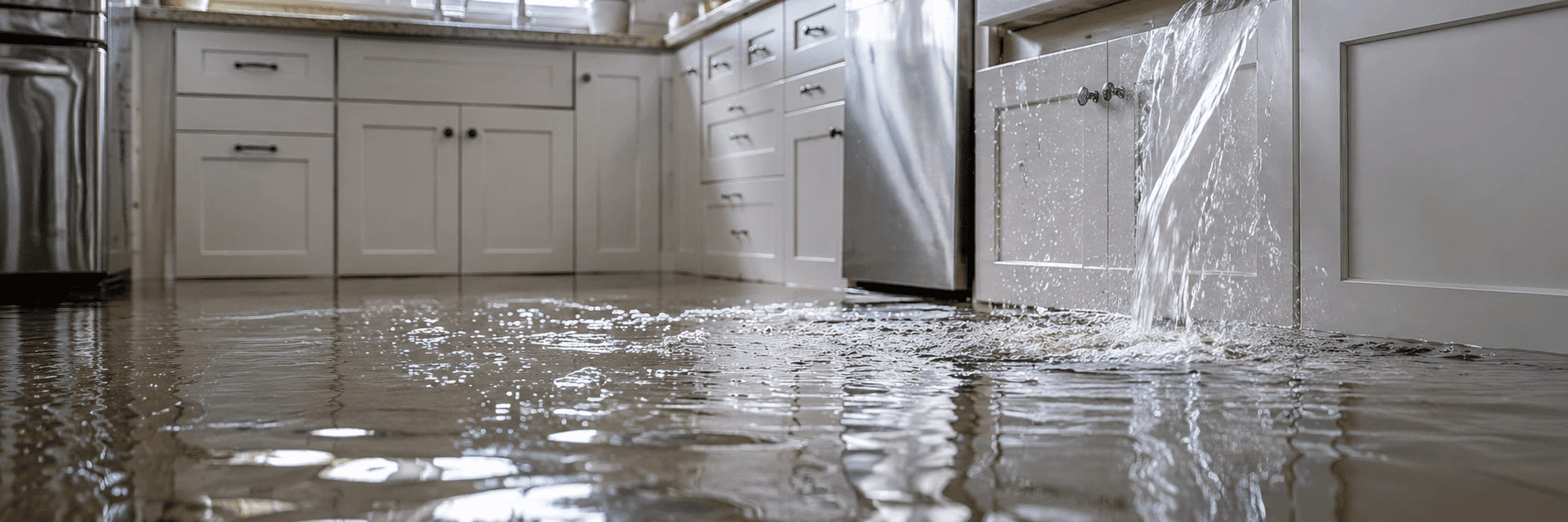 Flooded kitchen floor from an active plumbing leak.
