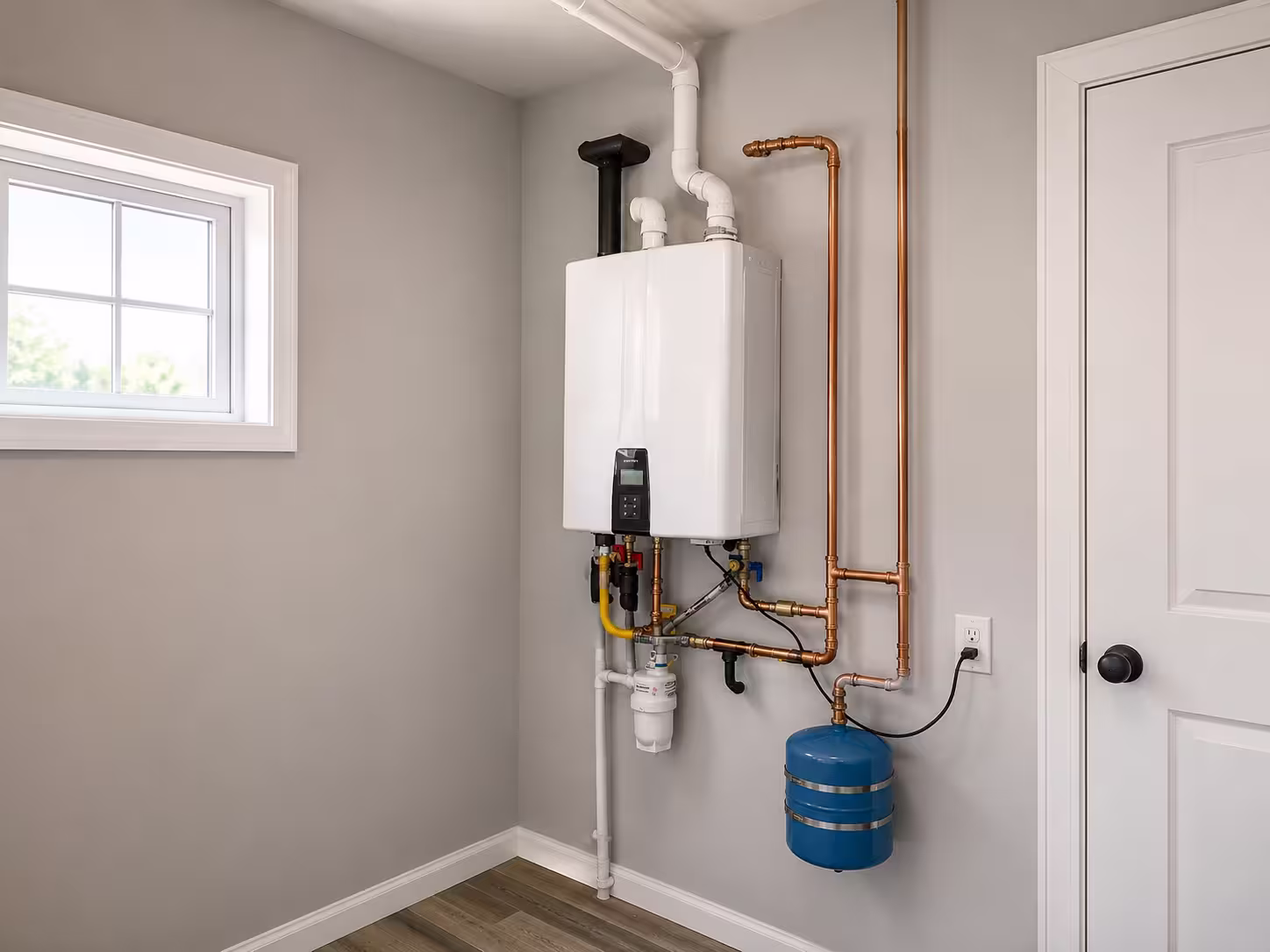 Technician inspecting a wall-mounted tankless water heater for repair