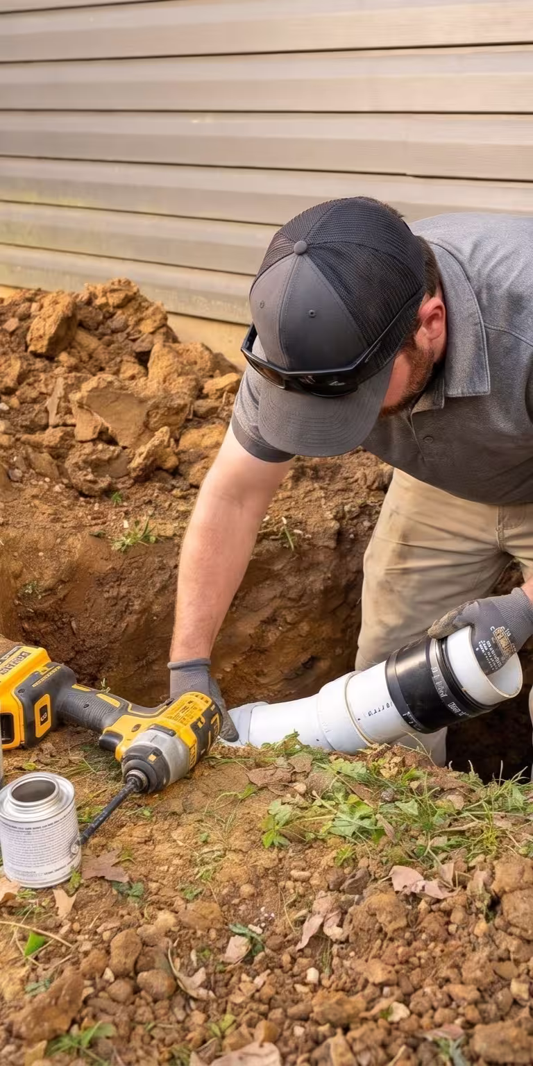Plumber completing exterior pipe repair near Henderson, Kentucky