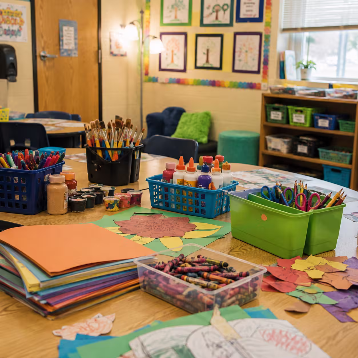 Paint, brushes, scissors, paper, and other art supplies arranged on a classroom table
