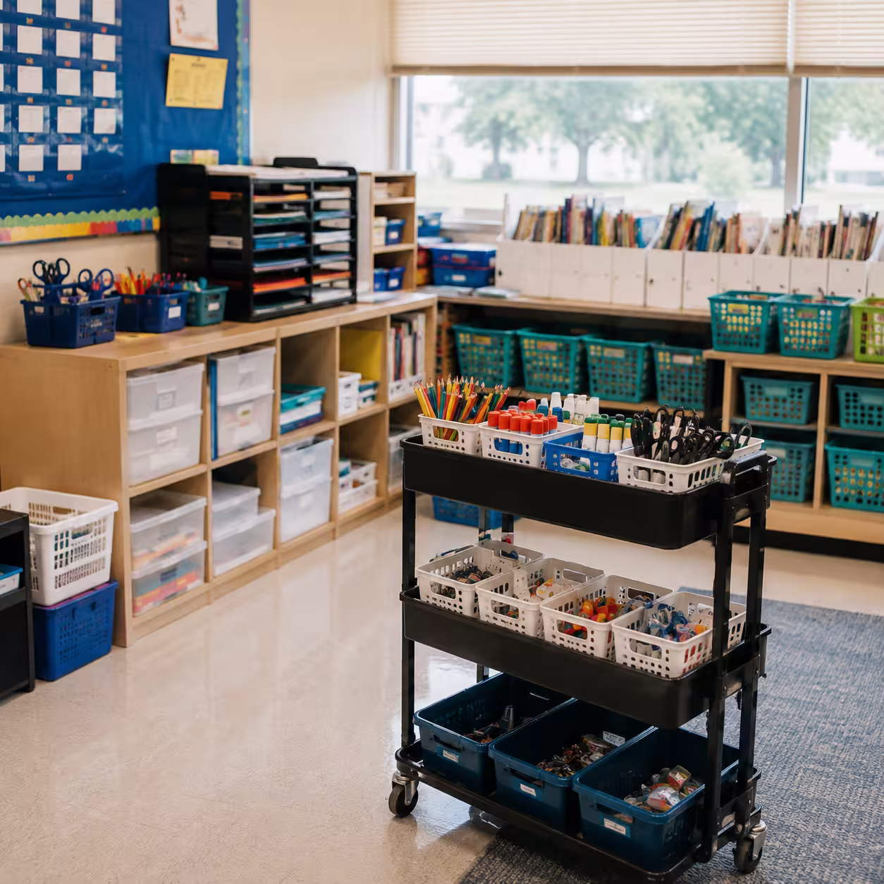 An organized classroom with labeled supply bins, shelves, and a rolling materials cart