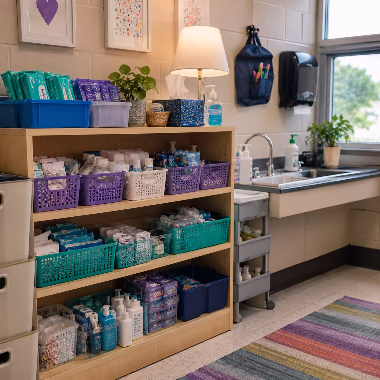 Hygiene and student-care supplies organized in baskets on shelves beside a classroom sink