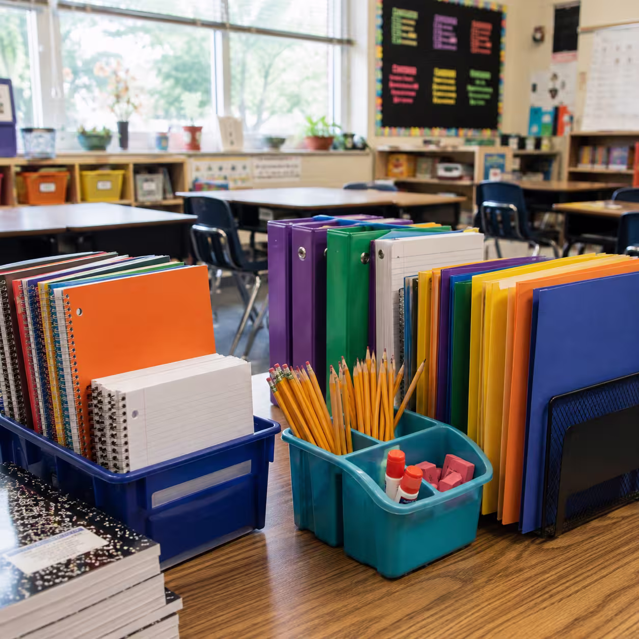 Colorful classroom folders, notebooks, pencils, and glue arranged in supply bins