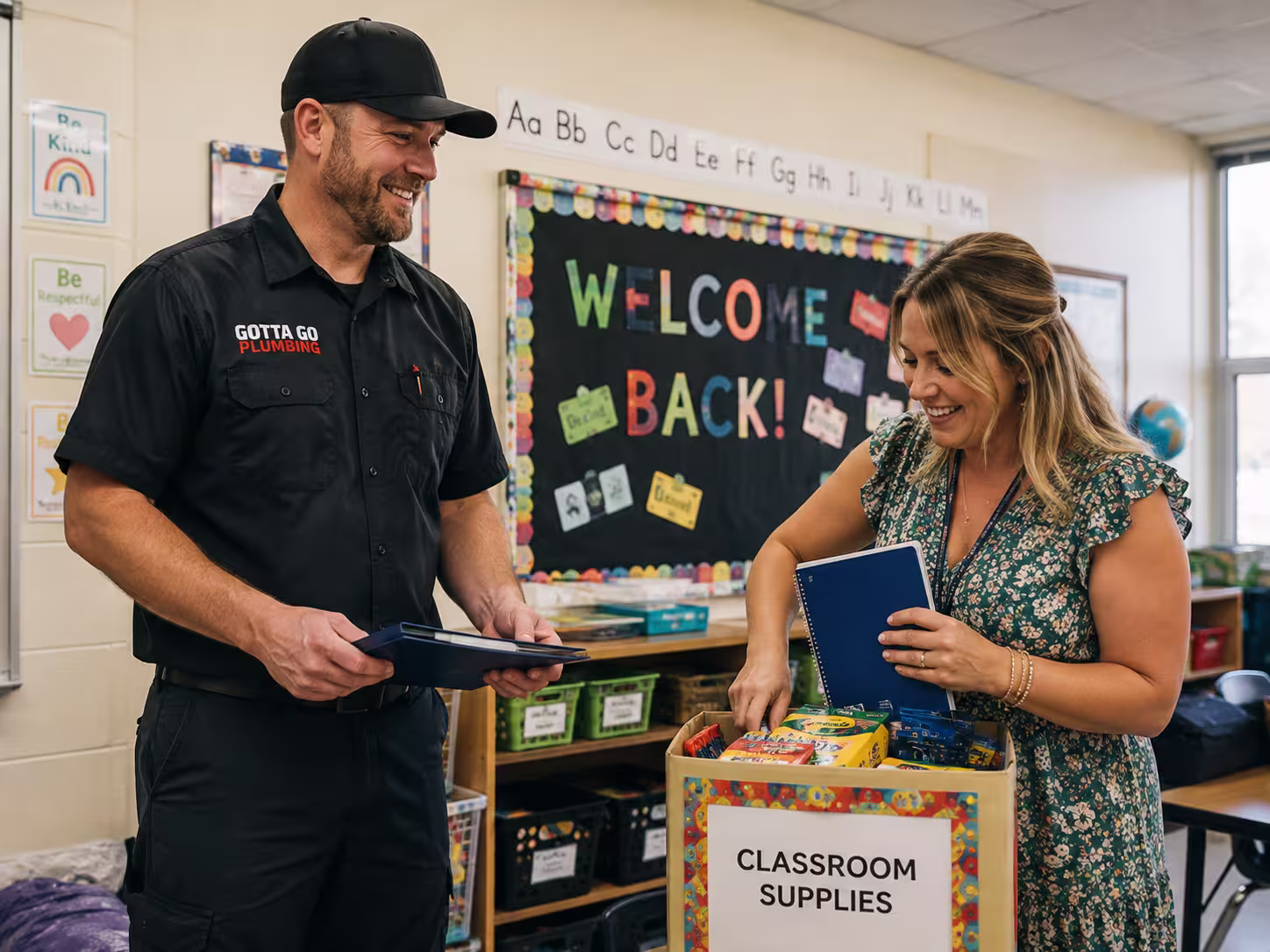 A Gotta Go Plumbing technician and a teacher holding notebooks beside a box of classroom supplies