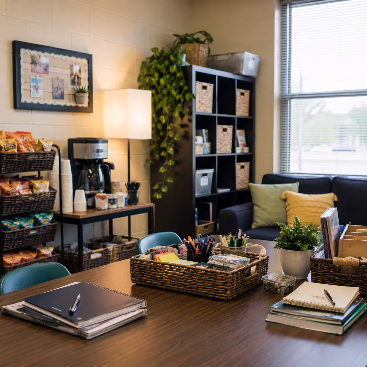 A teacher lounge with a meeting table, notebooks, refreshments, and organized storage