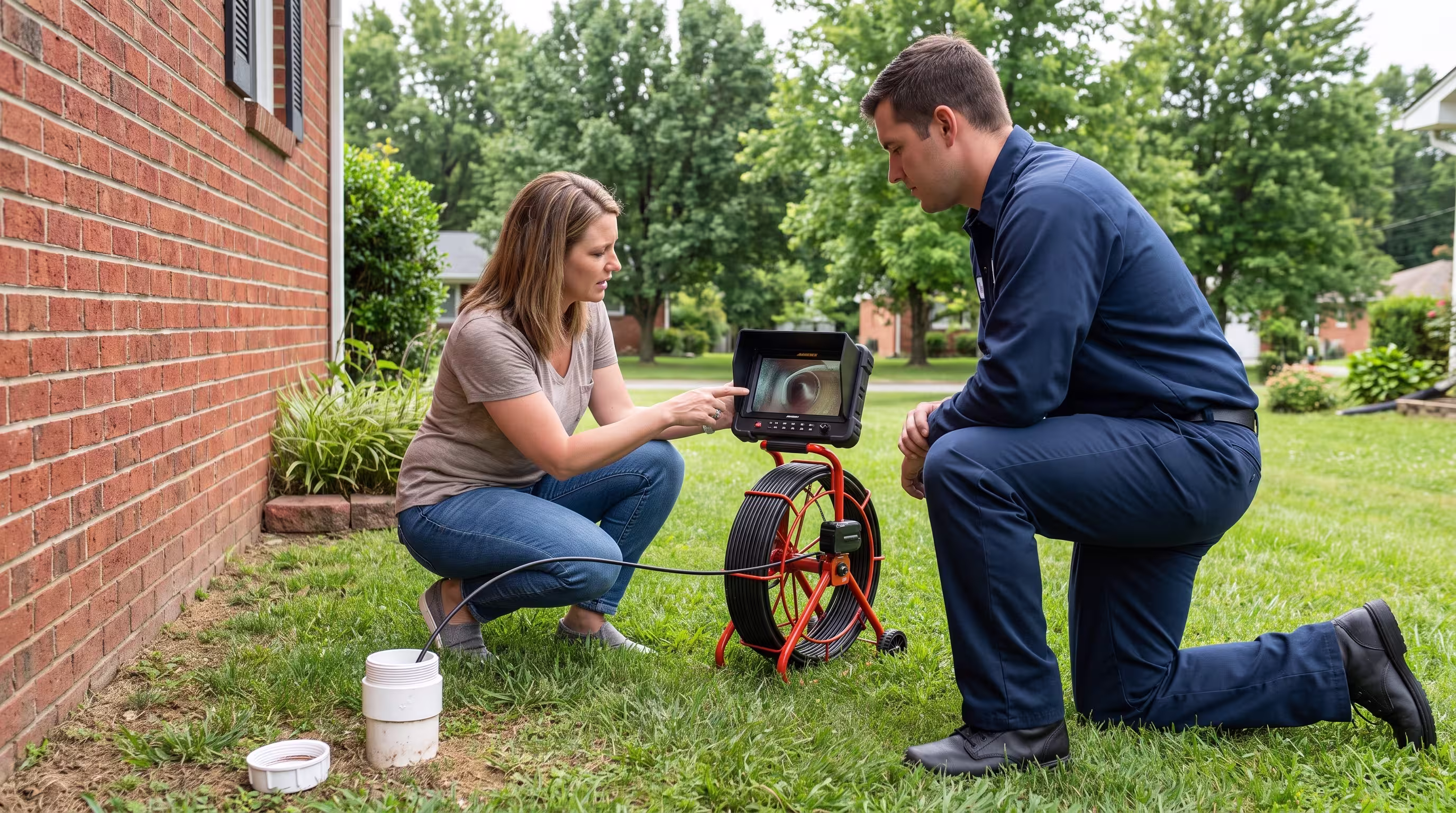 A homeowner asking a plumbing technician about sewer camera footage beside her home