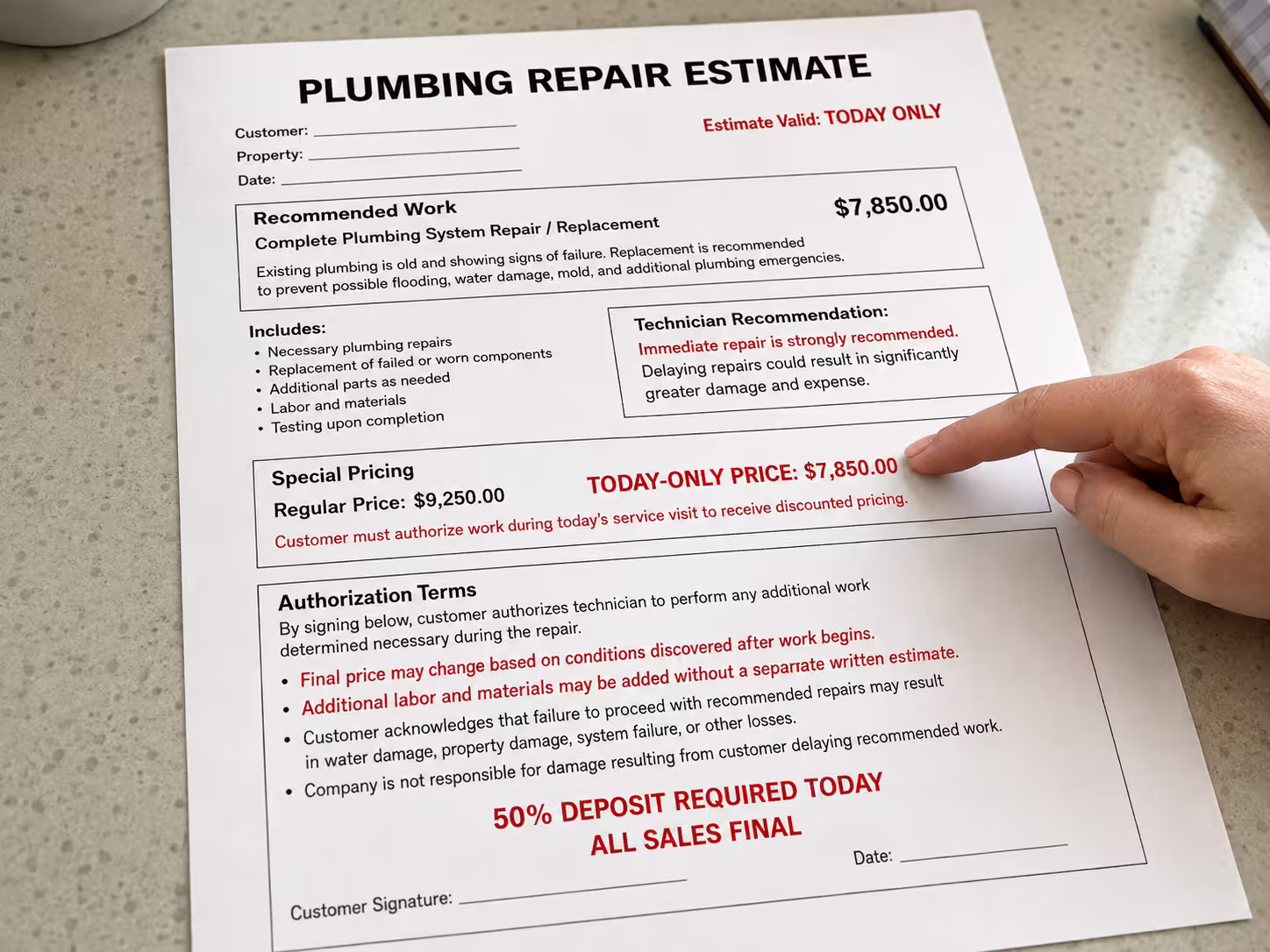 A plumbing repair estimate using today-only pricing and urgent approval language