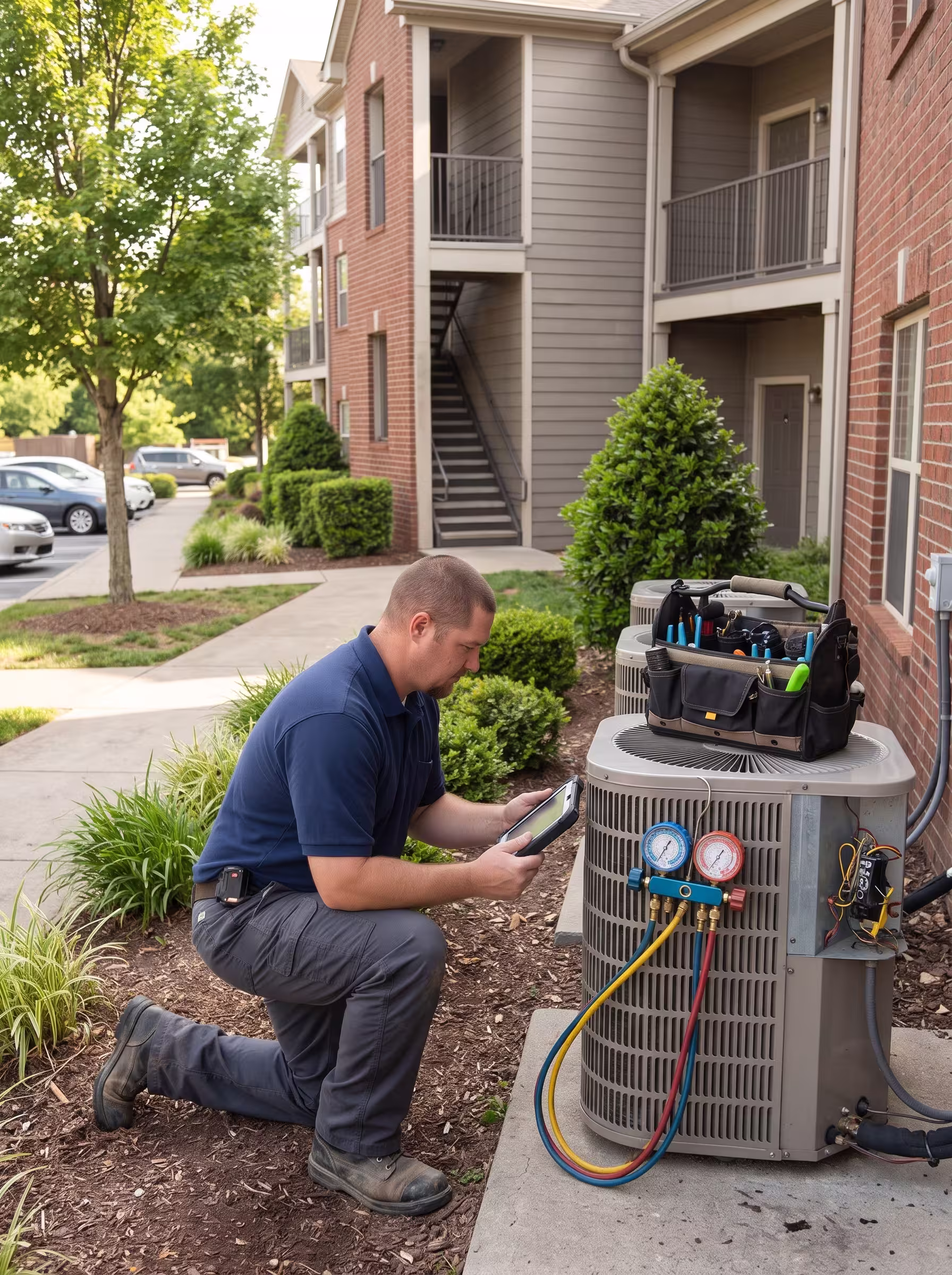 HVAC service technician inspecting an air conditioning unit at a Nashville apartment complex.