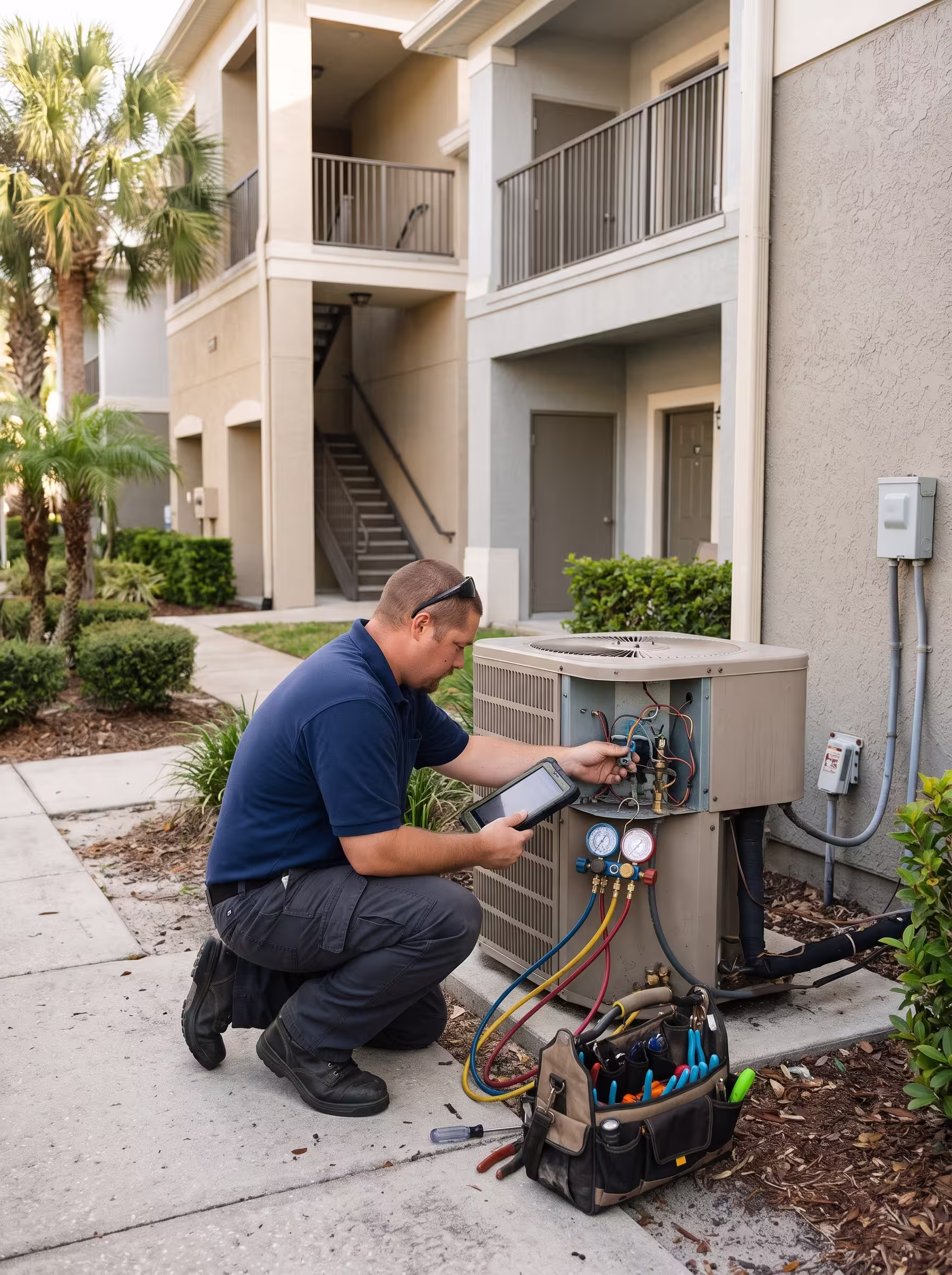 HVAC service technician inspecting an air conditioning unit at a Tampa apartment complex.