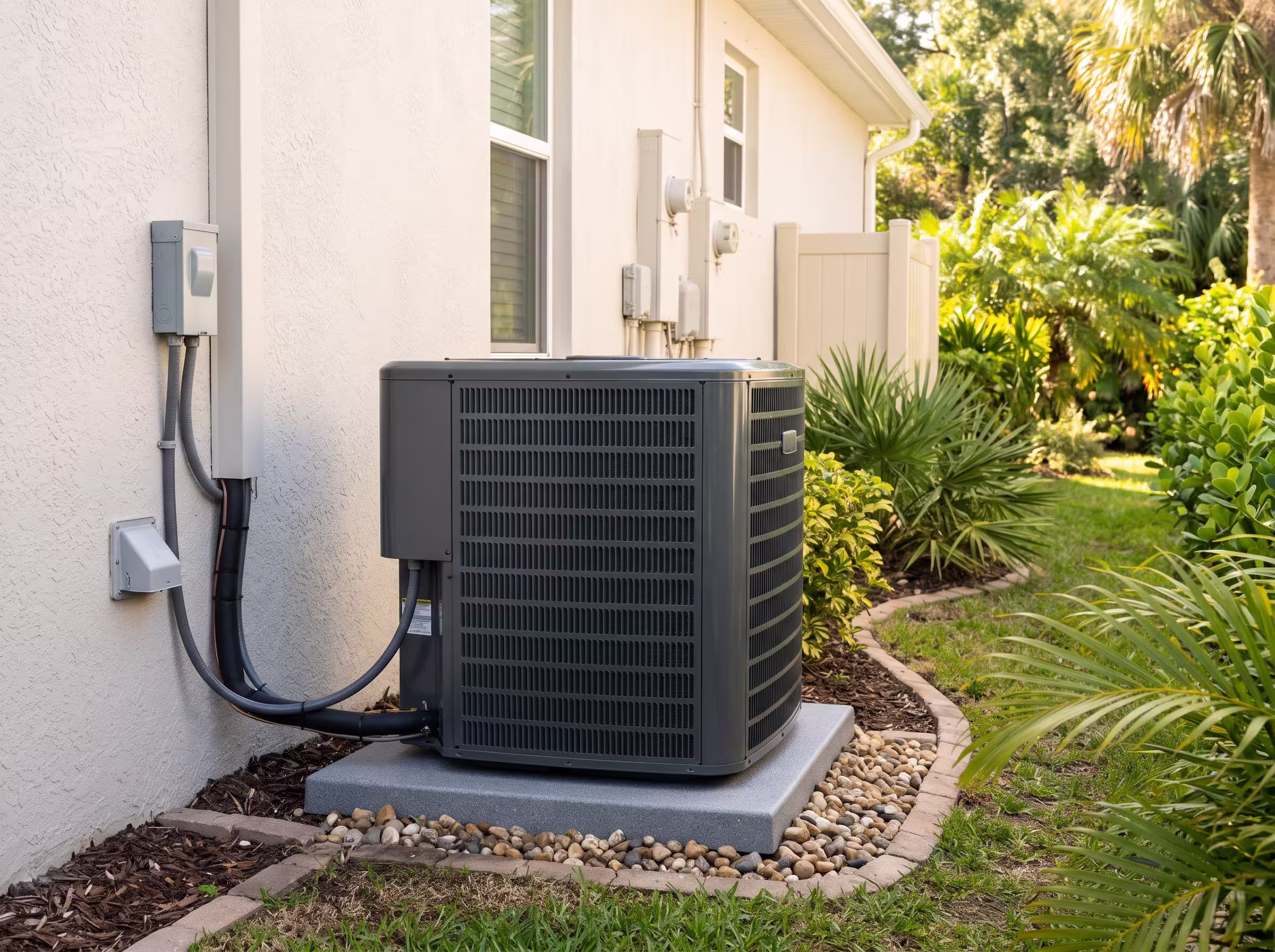 Residential outdoor air conditioning unit installed beside a home in Tampa, Florida.