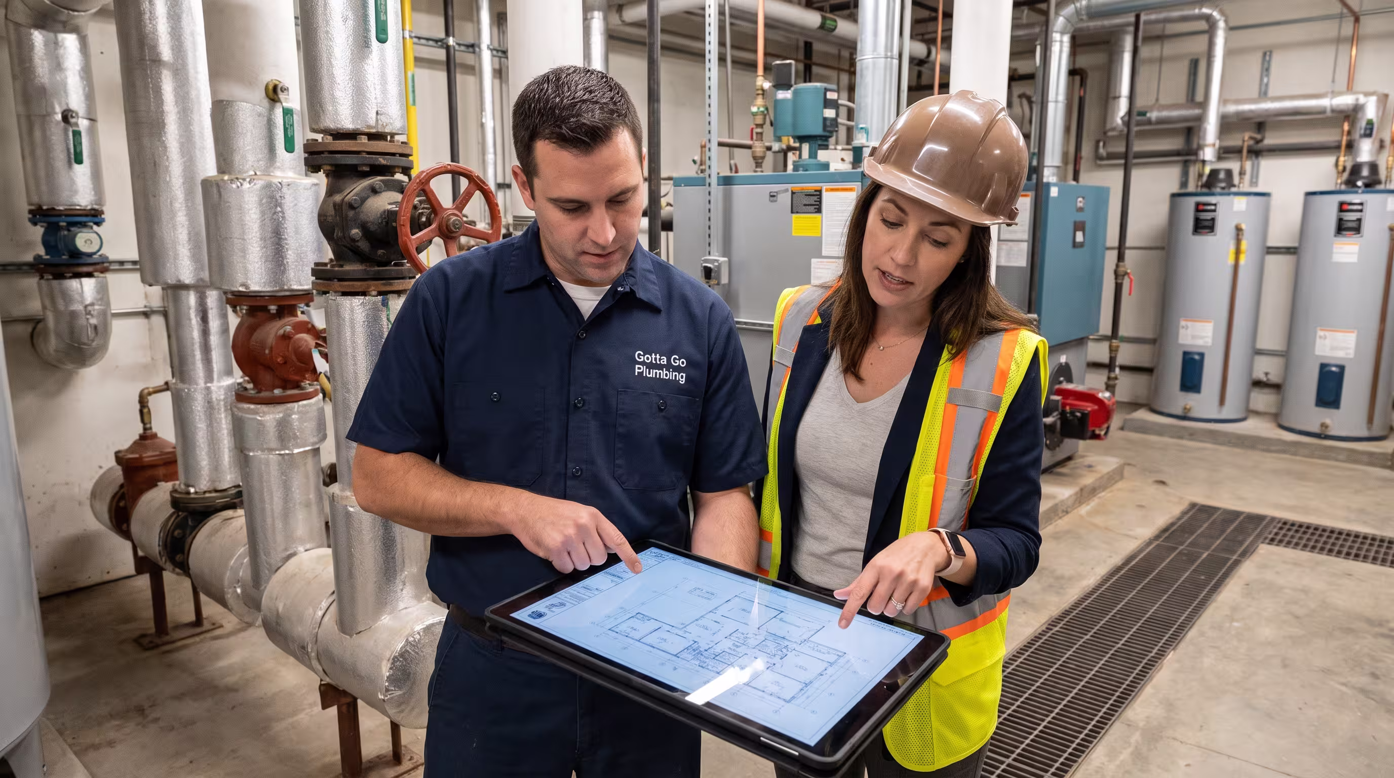 Commercial plumbing equipment and service workspace
