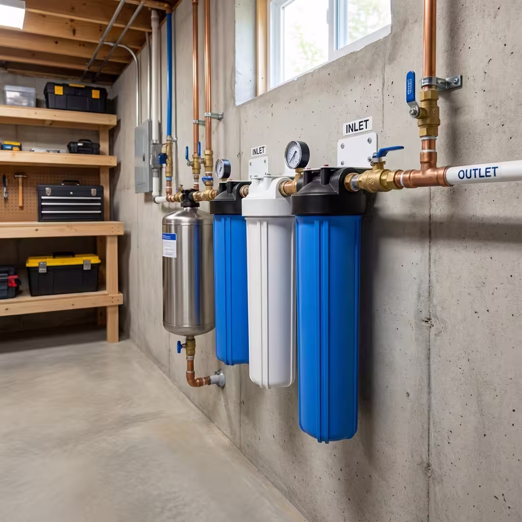 Whole-home water filtration system installed inside a home