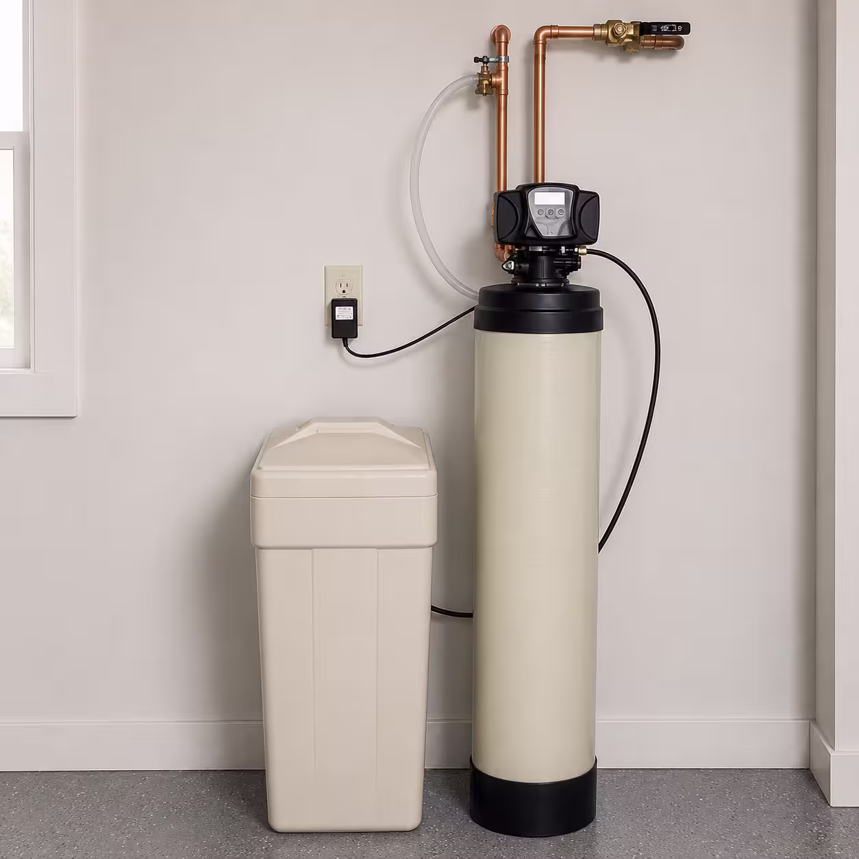 Residential water softener system installed in a utility area