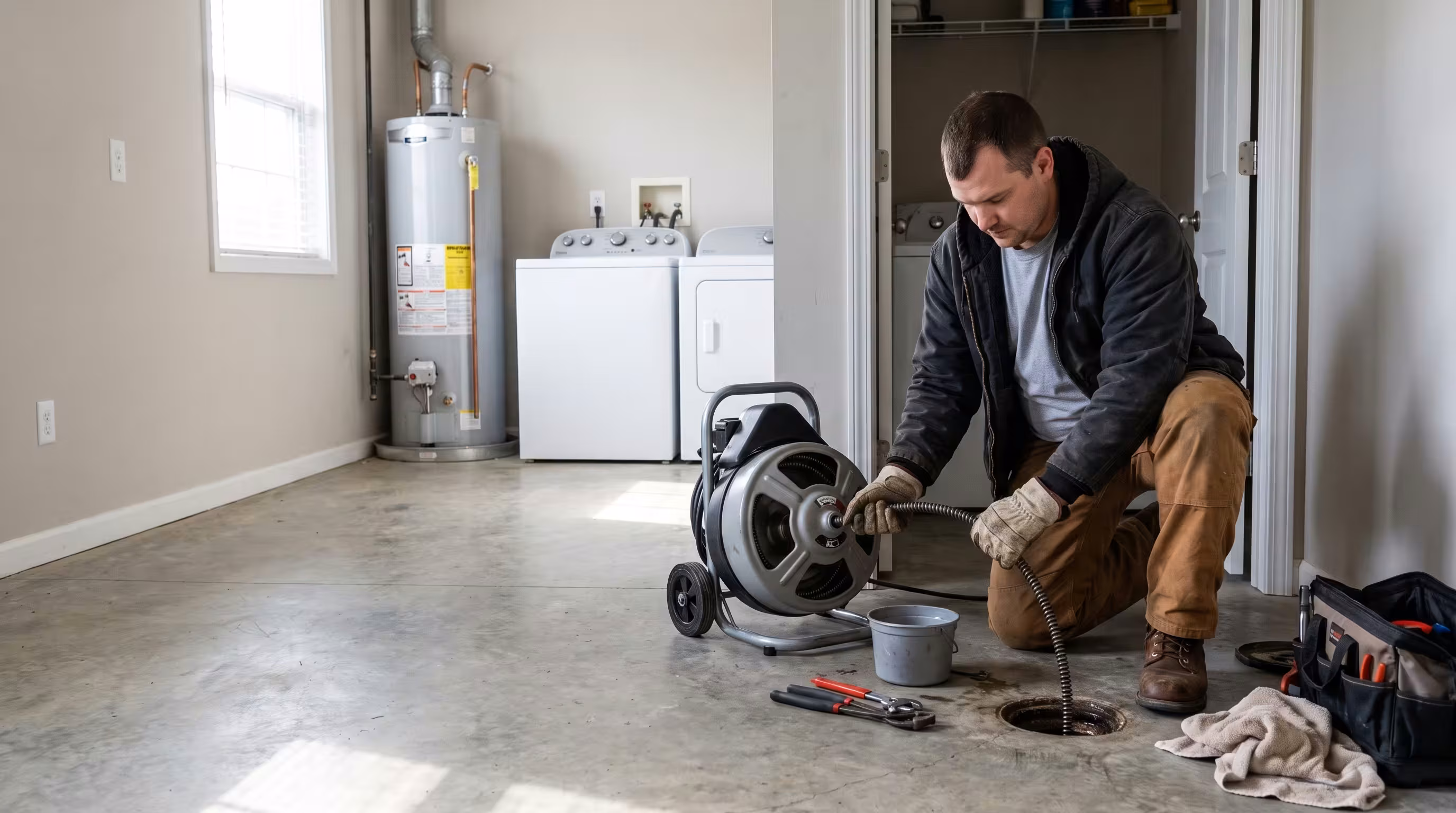 Drain cleaning equipment used on a residential drain