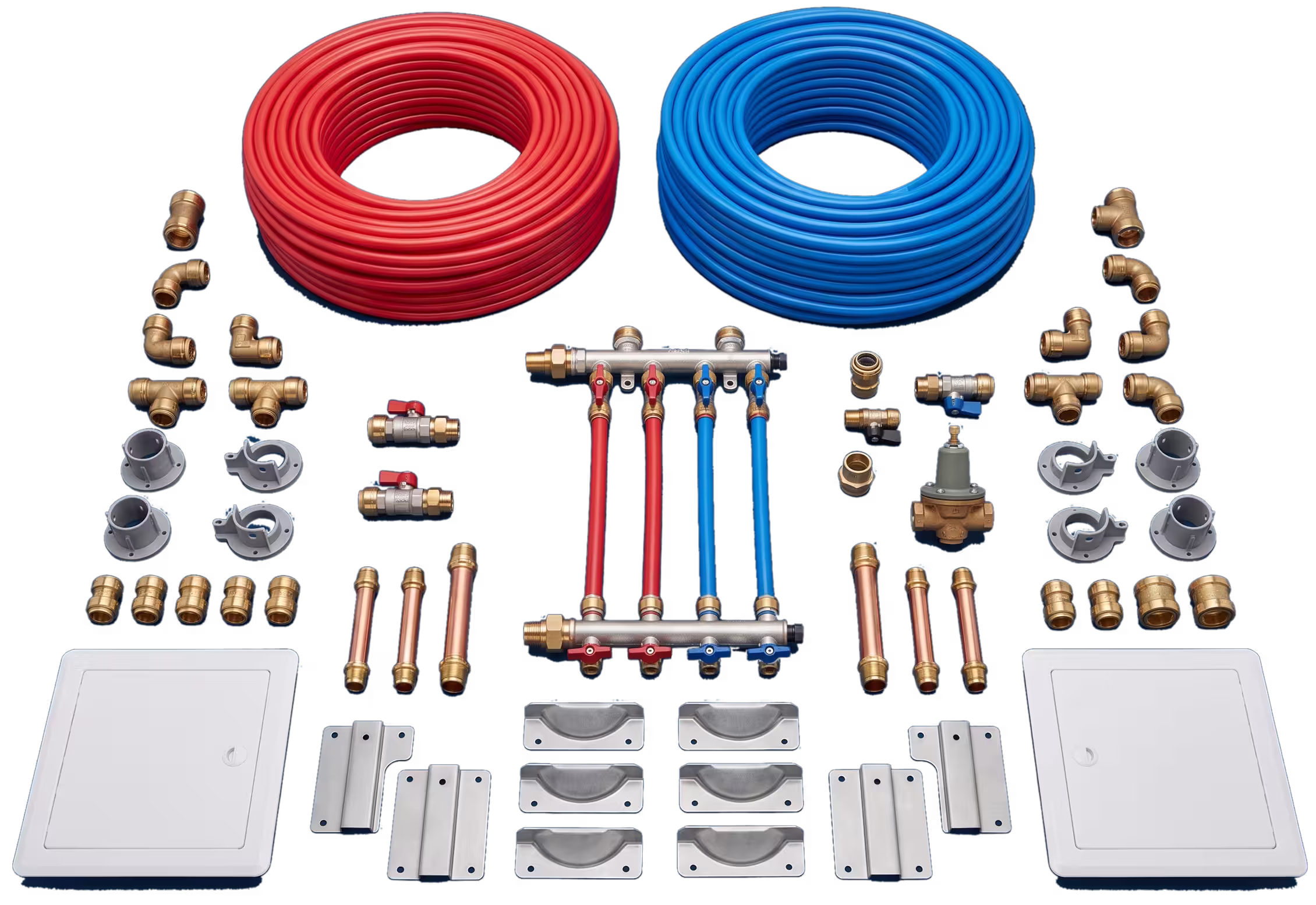 Red and blue supply piping, manifolds, valves, and fittings for a whole house repipe