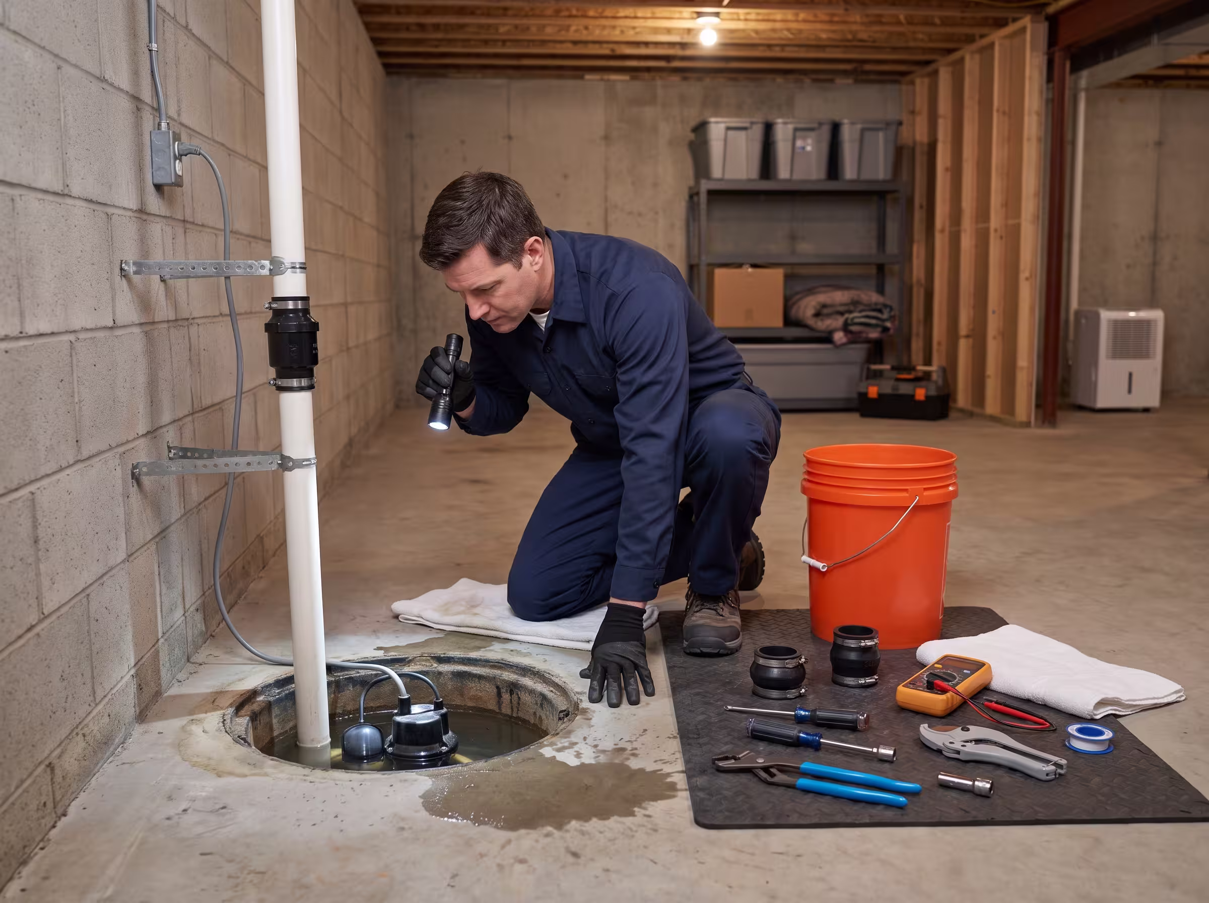 Technician repairing a sump pump system inside a home