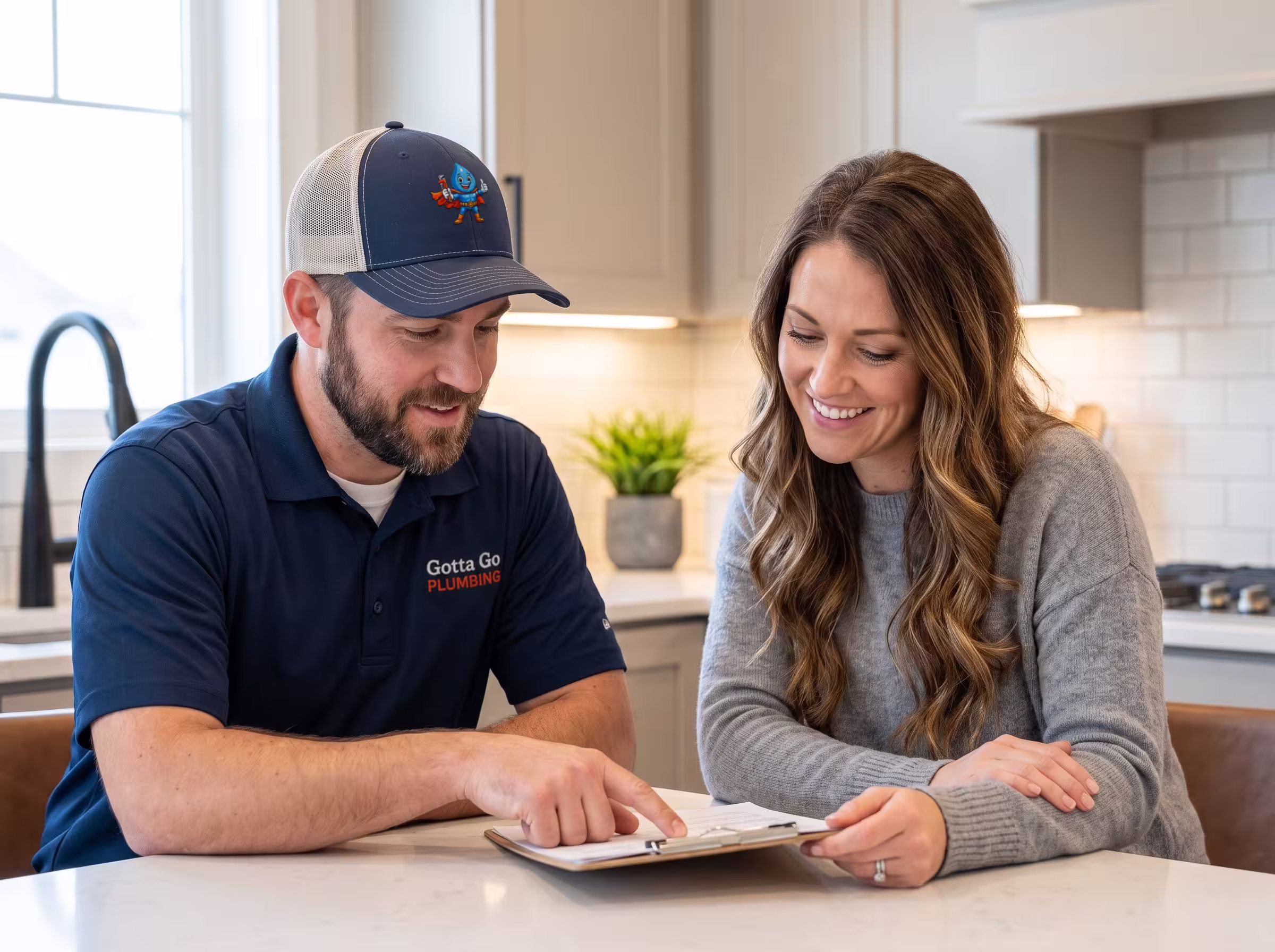 Gotta Go Plumbing technician reviewing service information with a homeowner