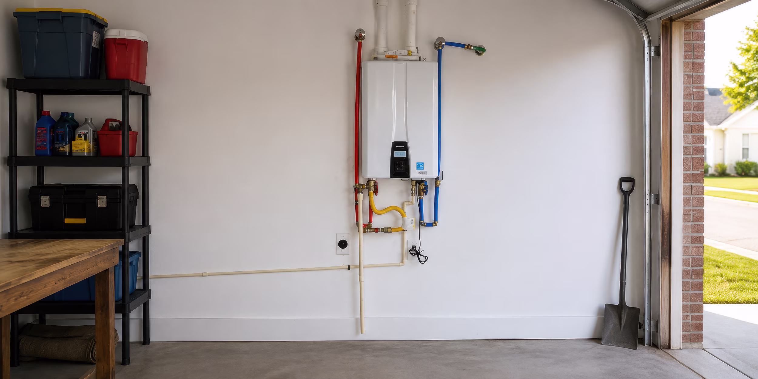 Tankless water heater installed on a residential garage wall